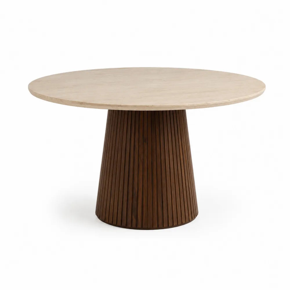 Tavolo da pranzo rotondo 120 x 75 cm con piano in gres porcellanato effetto pietra beige e base cilindrica in legno noce