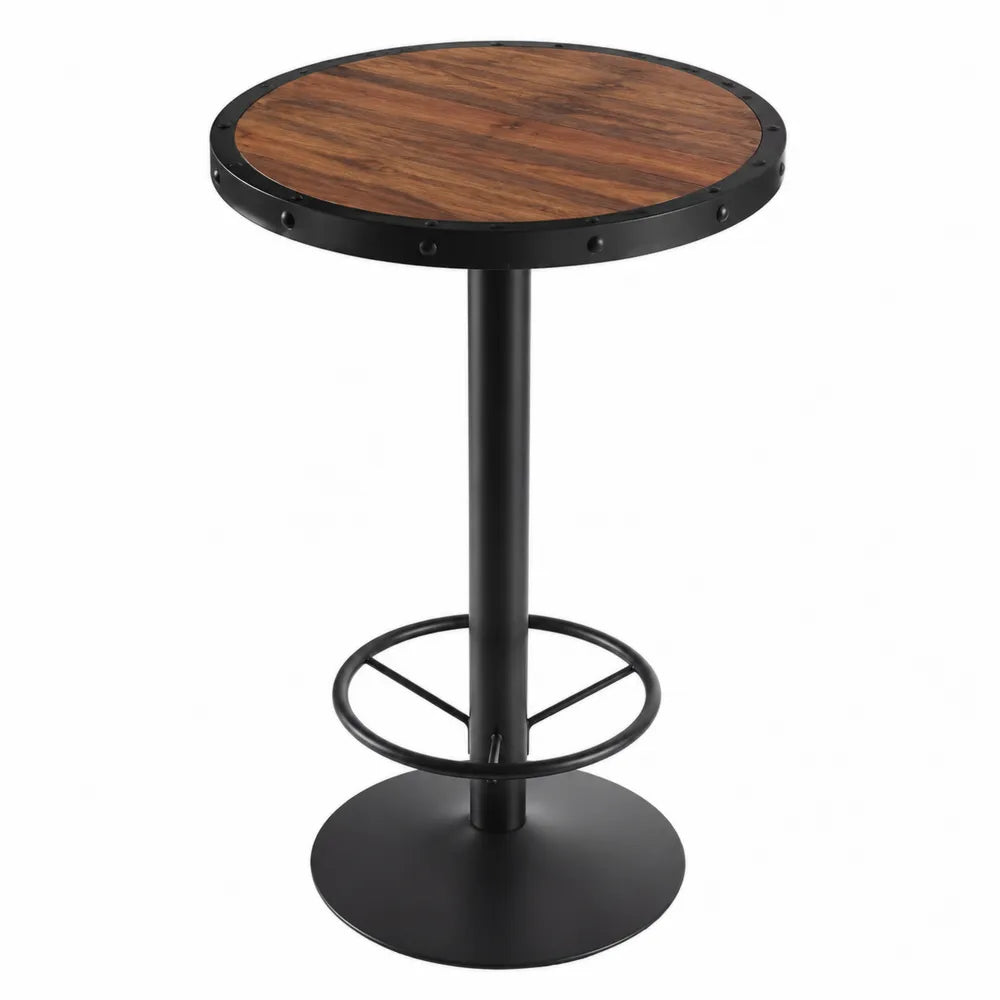 Tavolo bar rotondo 60 x 105 cm con piano in MDF effetto noce e struttura in acciaio nero