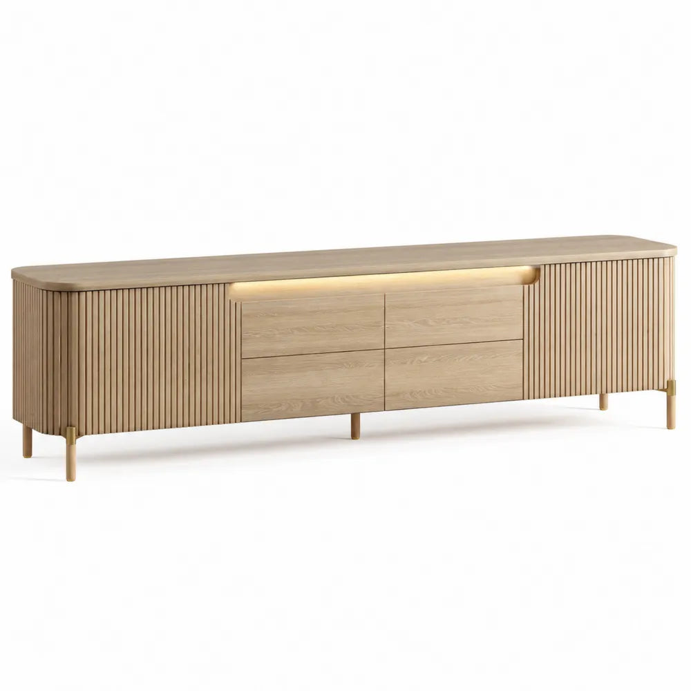 Mobile TV con 4 cassetti e illuminazione LED struttura in MDF impiallacciato rovere naturale con gambe in metallo 200x40x55 cm
