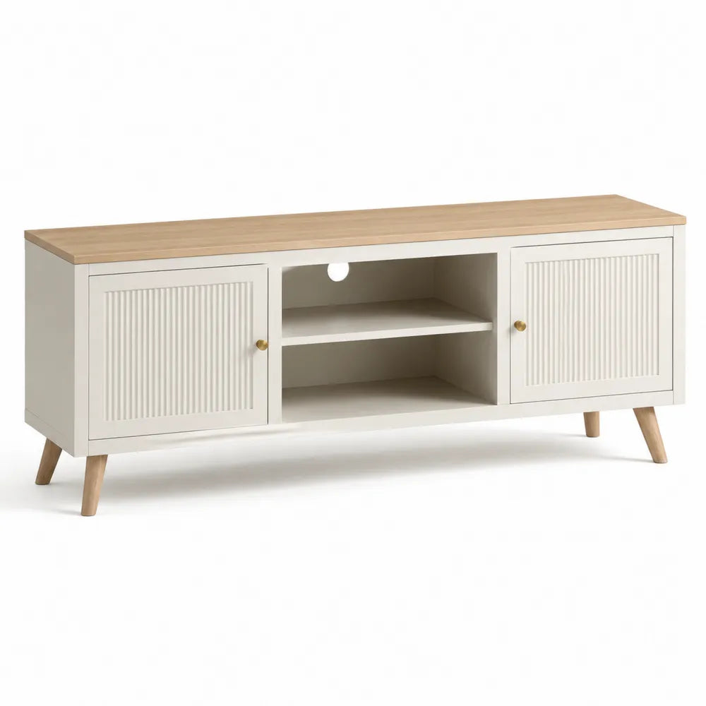 Mobile TV e centri di intrattenimento in MDF bianco e rovere naturale con ante scanalate e vani aperti 160x40x55 cm