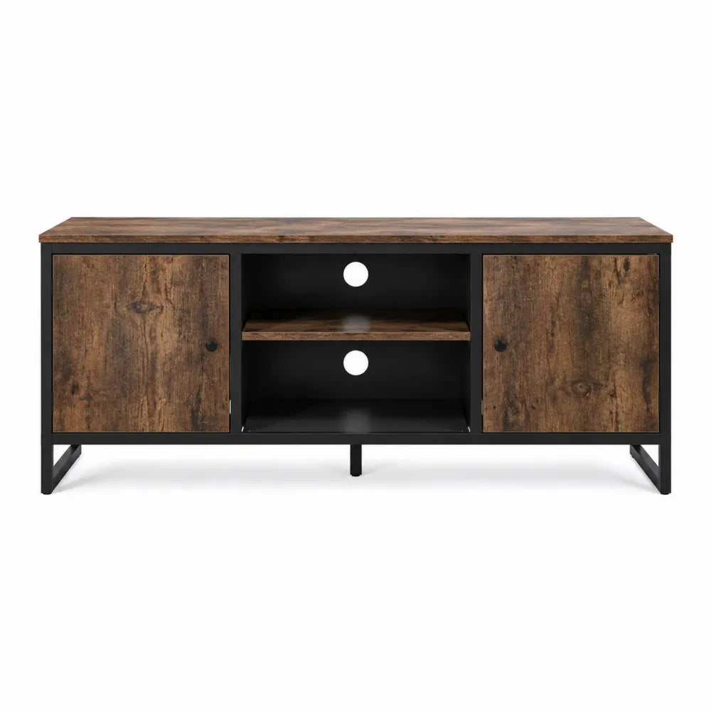 Mobile TV rettangolare in pannello truciolare effetto rovere marrone e acciaio nero con ante e vani aperti 160 x 40 x 50 cm