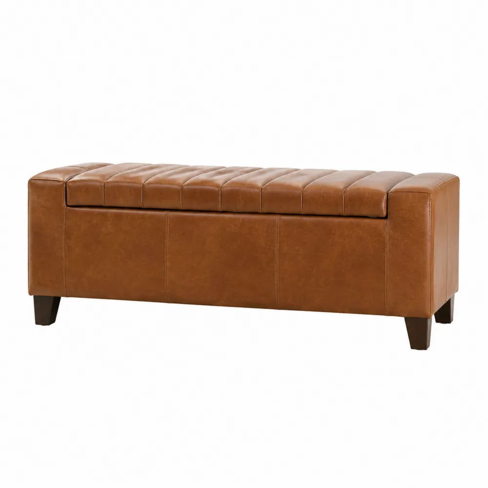 Poggiapiedi contenitore ecopelle PU marrone cognac rettangolare con vano interno gambe in legno 120 cm x 40 cm x 45 cm