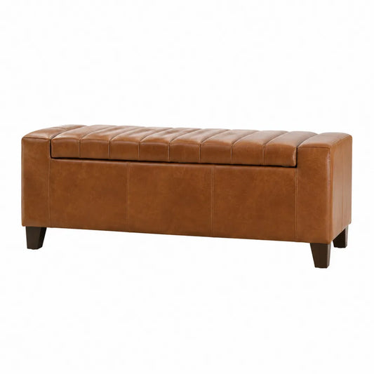 Poggiapiedi contenitore ecopelle PU marrone cognac rettangolare con vano interno gambe in legno 120 cm x 40 cm x 45 cm