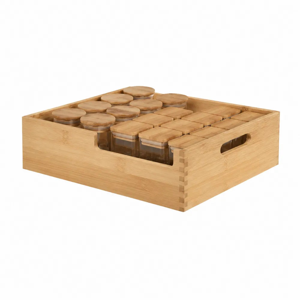 Set 12 barattoli da cucina con vassoio organizer rettangolare 30 x 22 x 7 cm in bambù e vetro trasparente colore bambù naturale