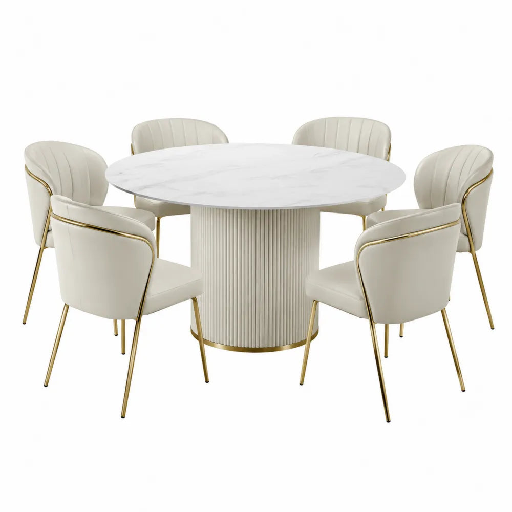 Set pranzo rotondo 6 posti con tavolo 120 x 75 cm effetto marmo bianco e 6 sedie imbottite crema con struttura dorata