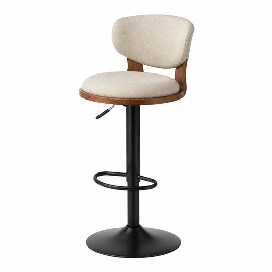 Sgabello da bar regolabile 45 cm x 50 cm x 85-105 cm con seduta rotonda imbottita beige in poliestere struttura in acciaio nero e legno naturale