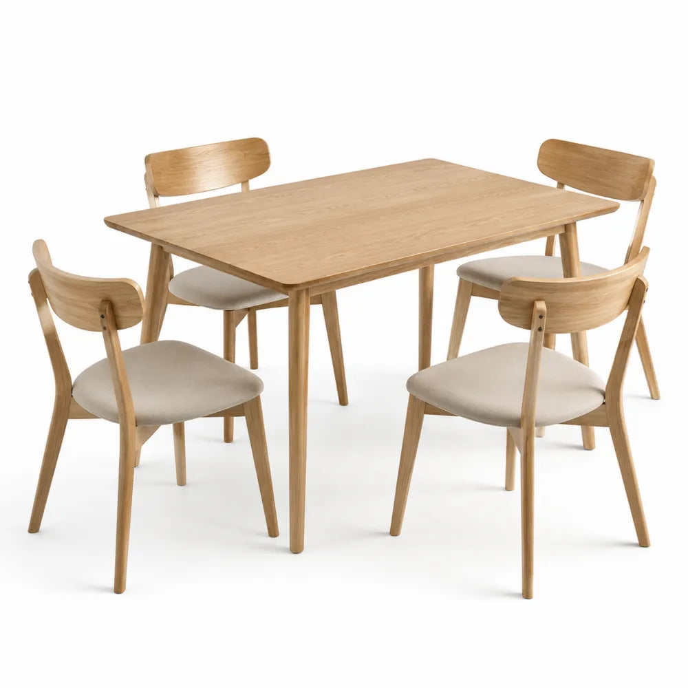 Set tavolo da pranzo rettangolare 120 x 80 cm con 4 sedie in legno di quercia naturale e sedute beige