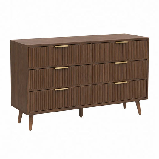 Cassettiera rettangolare a 6 cassetti 140 x 40 x 80 cm in MDF effetto noce marrone con frontali scanalati e maniglie oro