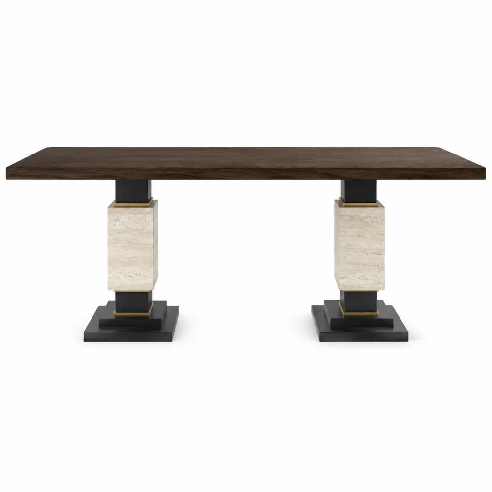 Tavolo da pranzo rettangolare 180 x 90 x 75 cm con piano effetto noce scuro base in pietra beige e metallo nero