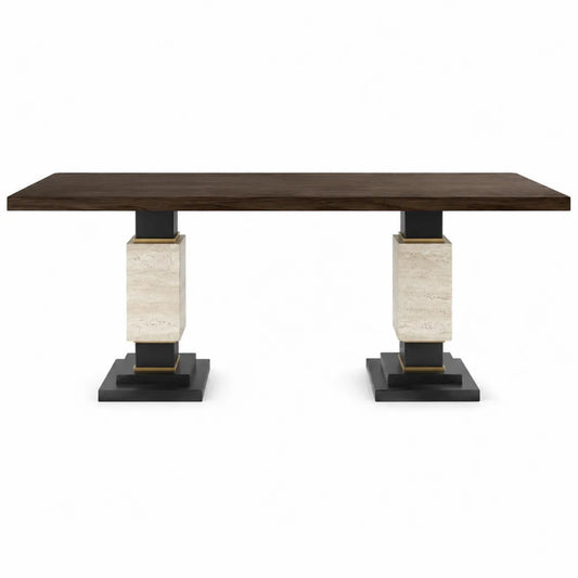 Tavolo da pranzo rettangolare 180 x 90 x 75 cm con piano effetto noce scuro base in pietra beige e metallo nero