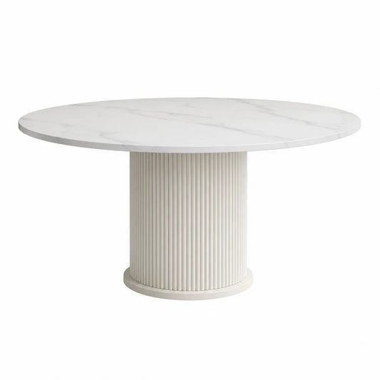 Tavolo da pranzo rotondo diametro 120 cm altezza 75 cm con piano in gres porcellanato effetto marmo bianco e base scanalata in MDF avorio