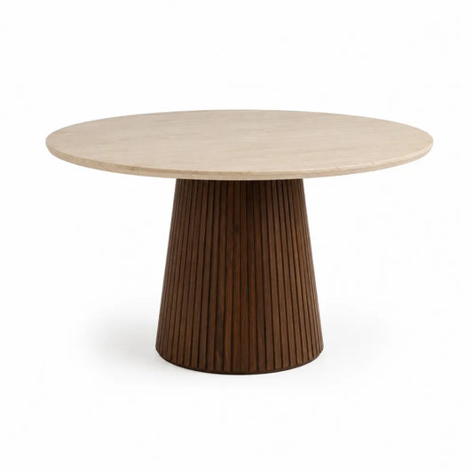 Tavolo da pranzo rotondo 120 x 75 cm con piano in gres porcellanato effetto pietra beige e base cilindrica in legno noce