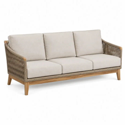 Divano da esterno 3 posti in legno di acacia naturale e corda PE grigio tortora con cuscini beige 190 x 80 x 75 cm