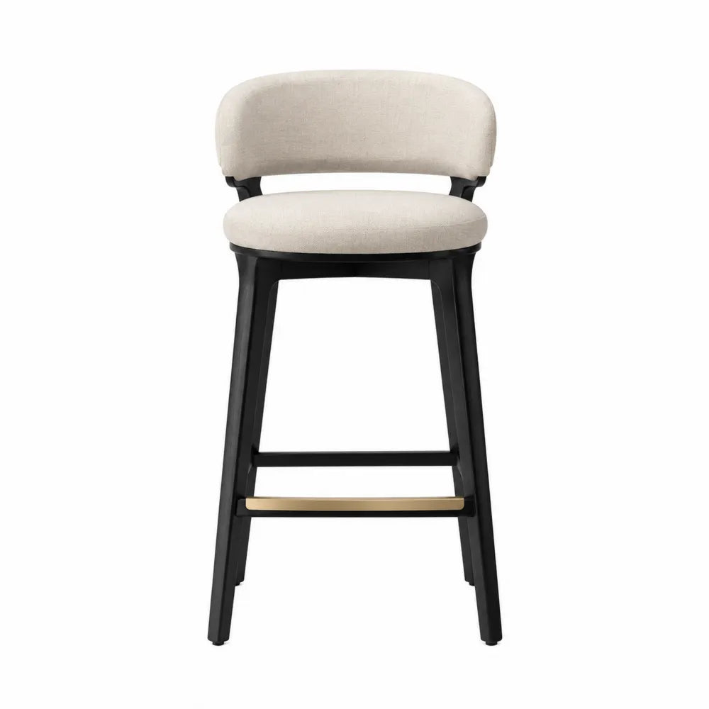 Sgabello da bar 45 cm x 48 cm x 100 cm in acciaio nero e tessuto beige con schienale curvo e poggiapiedi dorato