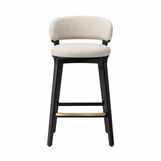 Sgabello da bar 45 cm x 48 cm x 100 cm in acciaio nero e tessuto beige con schienale curvo e poggiapiedi dorato