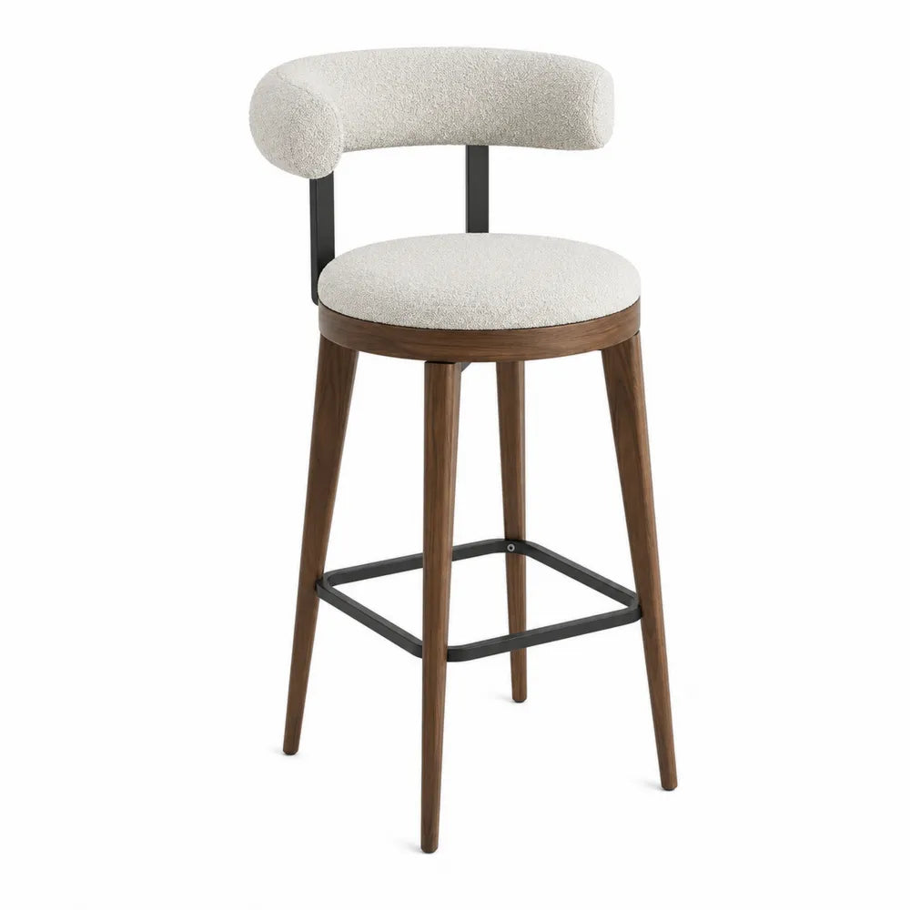 Sgabello da bar fisso 50 cm x 52 cm x 95 cm in tessuto bouclé beige con struttura in legno finitura noce e acciaio nero