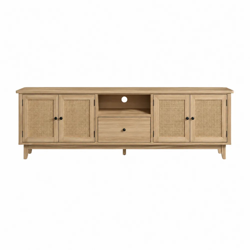 Mobile TV basso rettangolare in pannello truciolare effetto rovere chiaro con ante in rattan e cassetto 160 x 40 x 55 cm