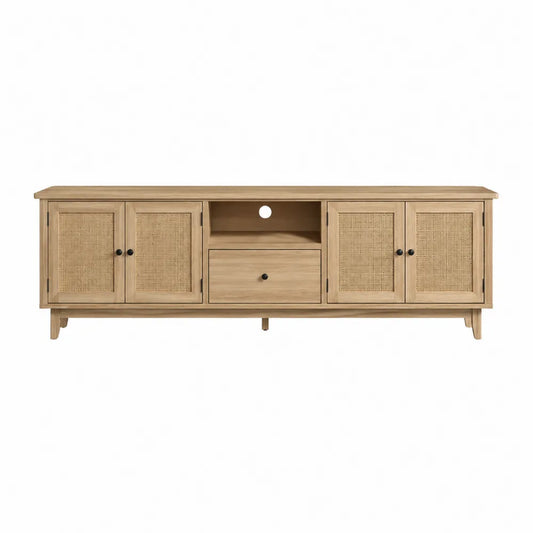 Mobile TV basso rettangolare in pannello truciolare effetto rovere chiaro con ante in rattan e cassetto 160 x 40 x 55 cm