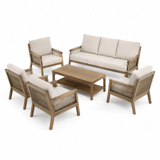 Set divani da esterno in legno massello di acacia con divano 3 posti, 4 poltrone e tavolino rettangolare con cuscini beige 200 cm