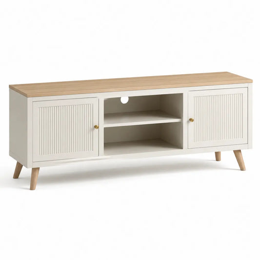 Mobile TV e centri di intrattenimento in MDF bianco e rovere naturale con ante scanalate e vani aperti 160x40x55 cm