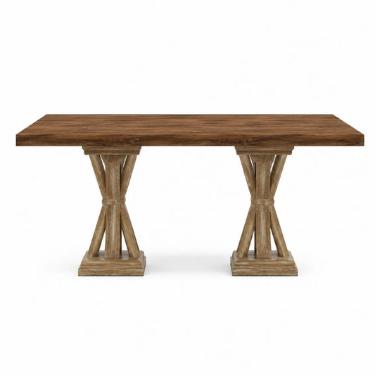 Tavolo da pranzo rettangolare 180 x 90 x 76 cm in legno massello di quercia marrone naturale con doppia base incrociata
