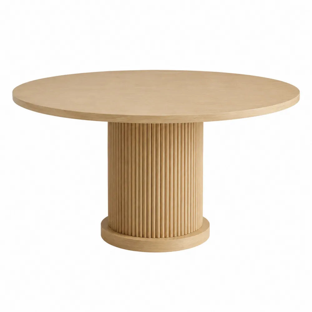 Tavolo da pranzo rotondo diametro 120 cm altezza 75 cm in MDF effetto rovere chiaro con base cilindrica scanalata