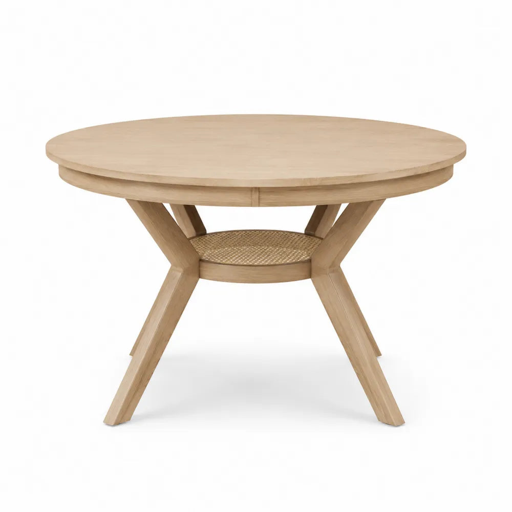 Tavolo da pranzo rotondo diametro 120 cm altezza 75 cm in legno massello di quercia rovere chiaro con base incrociata e ripiano in rattan