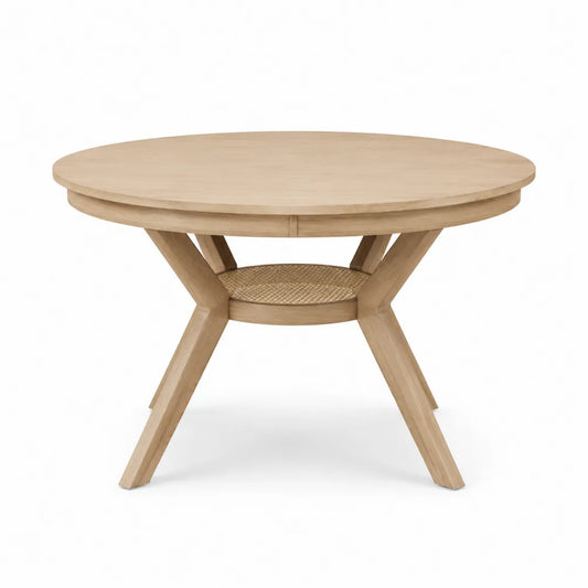 Tavolo da pranzo rotondo diametro 120 cm altezza 75 cm in legno massello di quercia rovere chiaro con base incrociata e ripiano in rattan