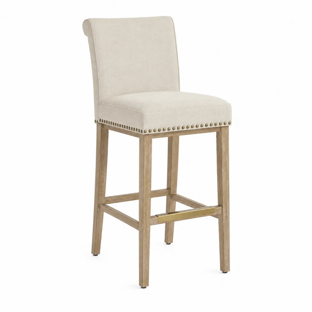 Sgabello da bar fisso 48 cm x 52 cm x 105 cm in tessuto poliestere beige e legno naturale con schienale alto e poggiapiedi dorato