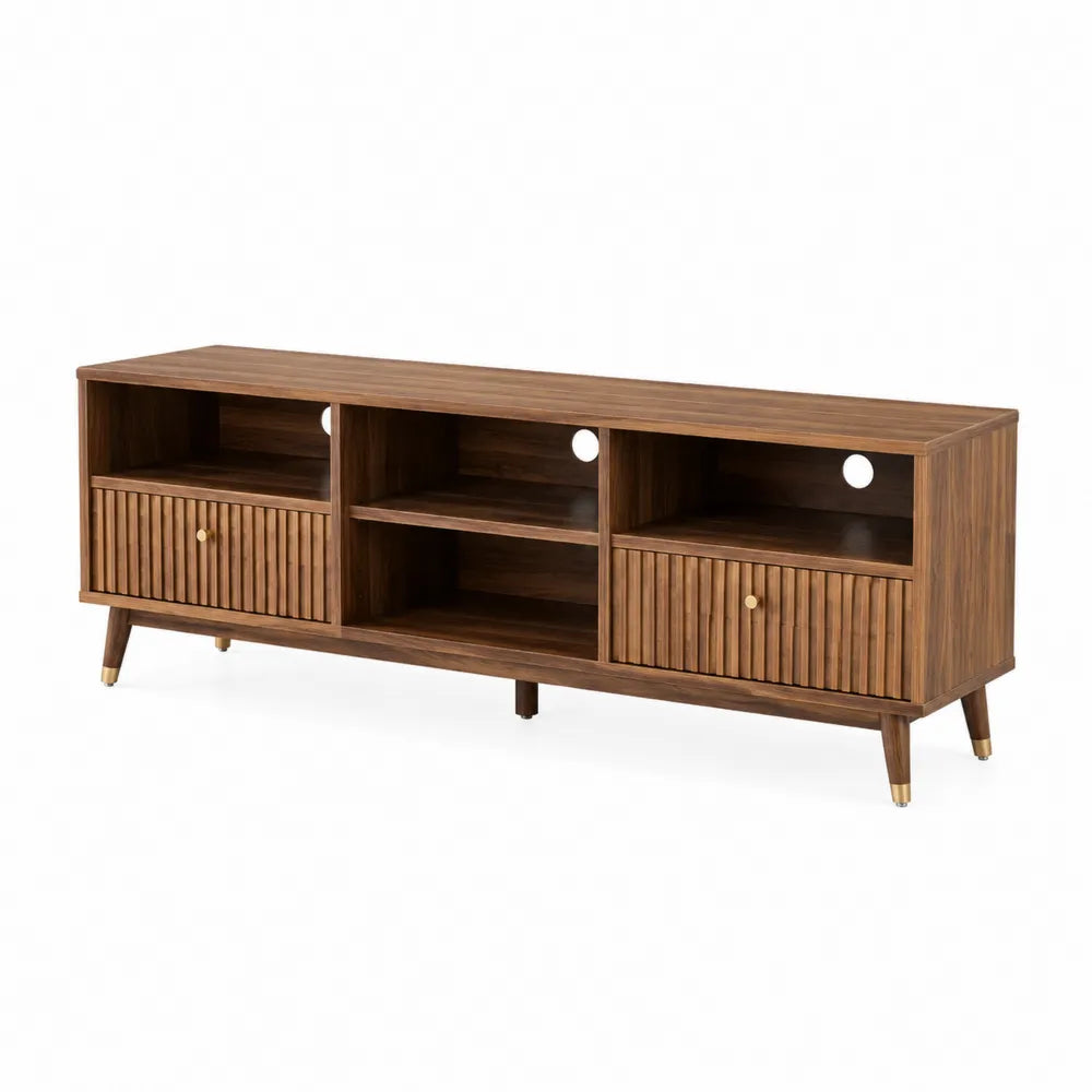 Mobile TV in legno MDF impiallacciato noce scuro con ante a doghe vani aperti foro passacavi gambe in legno 180 cm x 40 cm x 55 cm