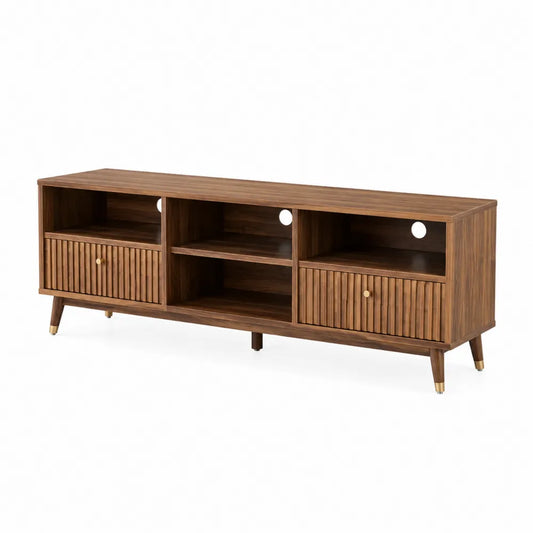 Mobile TV in legno MDF impiallacciato noce scuro con ante a doghe vani aperti foro passacavi gambe in legno 180 cm x 40 cm x 55 cm