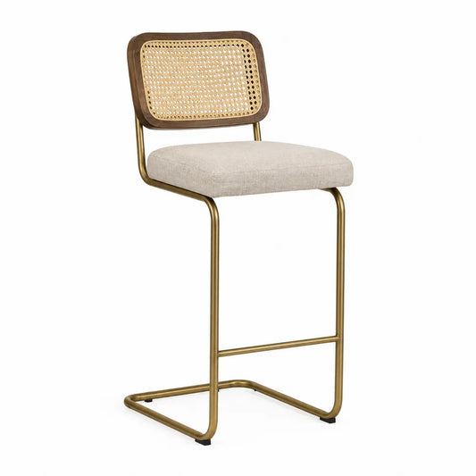 Sgabello da bar fisso 48 cm x 52 cm x 95 cm in tessuto poliestere beige con schienale in rattan naturale e struttura in acciaio dorato