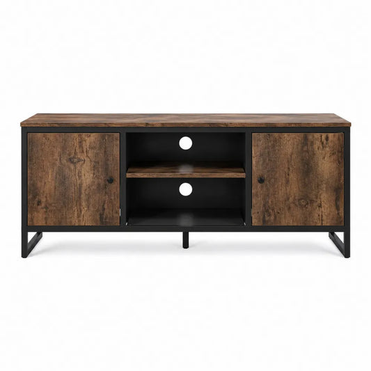 Mobile TV rettangolare in pannello truciolare effetto rovere marrone e acciaio nero con ante e vani aperti 160 x 40 x 50 cm