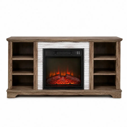 Mobile TV rettangolare con camino elettrico integrato in MDF e pannello truciolare noce marrone bianco e nero 180 x 40 x 55 cm