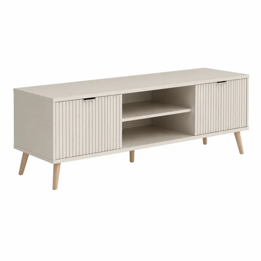 Mobile TV contenitore rettangolare in pannello truciolare melaminico avorio con ante scanalate e gambe in legno 160 x 40 x 55 cm