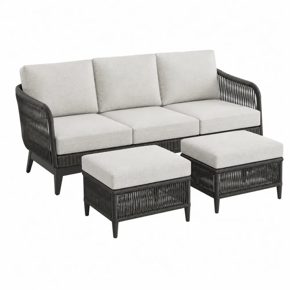 Set divano da esterno 3 posti in rattan PE grigio scuro con 2 pouf e cuscini grigio chiaro 200 x 75 x 80 cm